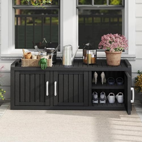 WTFGO Outdoor Shoe Bench, Weatherproof UV Protected Resin Entryway Shoe Storage Cabinet with 3 Doors, Multipurpose Shoe Organizer Seat for Porch Patio Hallway Indoor Bedroom, Matte Black - Thumbnail 2