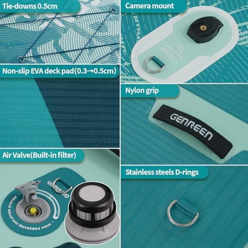 Genreen Stand up Paddle Board Inflatable SUP Board 11'33"6" 400LBS Capacity with EVA 0.5cm 4 Grips 3 Fins for Japanese Customers Ultra Stable Paddleboard (Monstera Powder Blue) - Thumbnail 4
