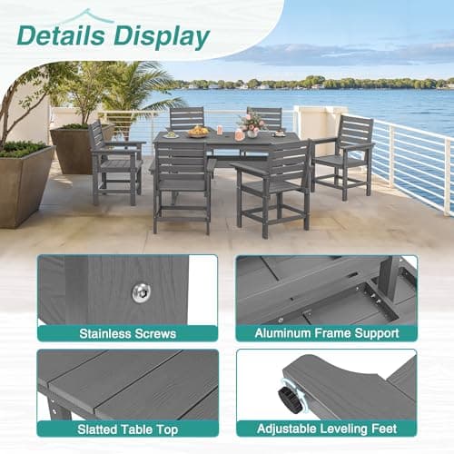 Homenjoy 7 Piece Patio Dining Set, 66" Rectangle HDPS Weather Resistant Outdoor Table & 6 Patio Chairs Set with 1.96" Umbrella Hole, Heavy Duty Chairs for Backyard Balcony Deck, Grey - Thumbnail 6