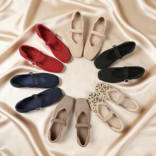 CELNEPHO Brown Mary Jane Flats for Women Square Toe Ballet Flats Shoes Comfortable Dressy Knit Flats for Women Arch Support Slip On Washable Casual Office Shoes Black Size - Thumbnail 6