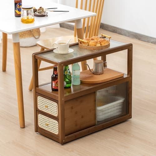 SOBIBO Bamboo Side Table Nightstand with Rattan Drawer & Glass Top – Multi-Function End Table, Nightstands with Storage for Bedroom, Living Room, and Small Spaces, Walnut - Thumbnail 3