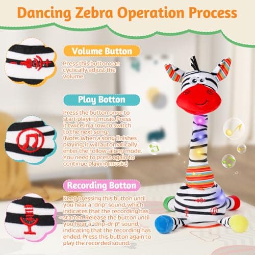 LLUKEME Dancing Talking Zebra Toy, Stuffed Animal Baby Toy Repeating What You Say, Easter Toys for Kids Glowing Musical Electronic Zebra with Striped Plush Gifts for Toddlers 1-3 Years Old - Thumbnail 4