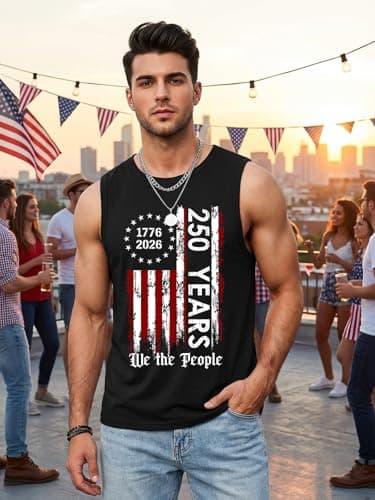 Tewmeu 250 Anniversary USA Mens Tank Tops Summer American Flag Shirts 4th of July Sleeveless Shirts 1776-2026 Chothes - Thumbnail 2