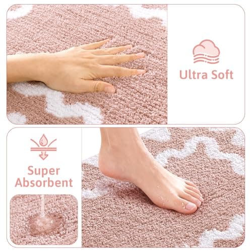 Findosom Bathroom Rugs Sets 5 Piece, Absorbent Soft Non-Slip Washable Microfiber Shaggy Bath Mat Set with Bathroom Runner Rug, U-Shaped Toilet Rugs, Shower Rug & Toilet Lid Cover, Pink-White - Thumbnail 5
