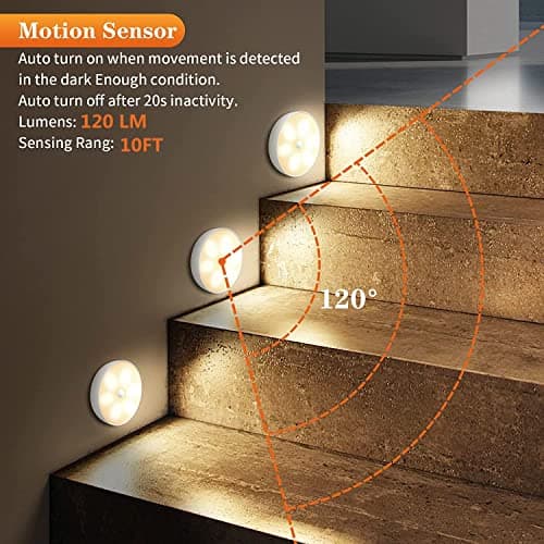 Warm Color LED Closet Lights Motion Sensor Puck Light, USB Rechargeable Battery Operated Puck Step Lights, Dimmable Under Cabinet Lighting for Counter Wardrobe Kitchen (6 Pack) - Thumbnail 2