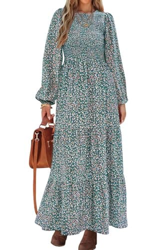 PRETTYGARDEN Women's Spring Dresses 2026 Long Sleeve Flowy Casual Floral Maxi Dress Crew Neck Smocked Tiered Long Dress (Olive Green, Medium) - Image 1
