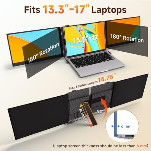 14" Laptop Screen Extender, 0.18" Ultra-Thin Laptop Monitor, Stable Damping Stand with 90° Rotation, 180° Rotation Dual Screen, Extra Compatible with Windows/Mac/Android/Switch/PS Fits 13"-17" Laptops - Thumbnail 5