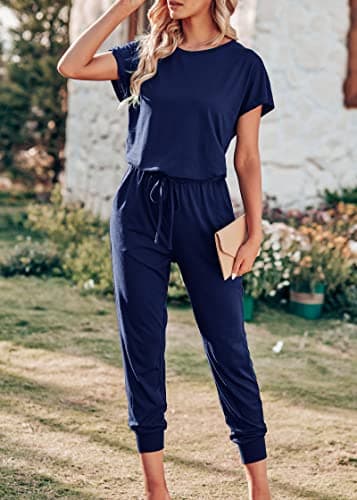 KIRUNDO Jumpsuits for Women Summer 2026 Casual Short Sleeve One Piece Outfits Drawstring Waist Long Pants Romper Jumpers(Navy, Medium) - Thumbnail 6