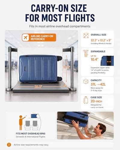 LOVEVOOK Carry On Luggage Airline Approved,20 Inch Expandable Hard Shell Suitcase with Spinner Wheels,Small Rolling Carry-on Suitcases with TSA Lock & Cup Holder - Thumbnail 3
