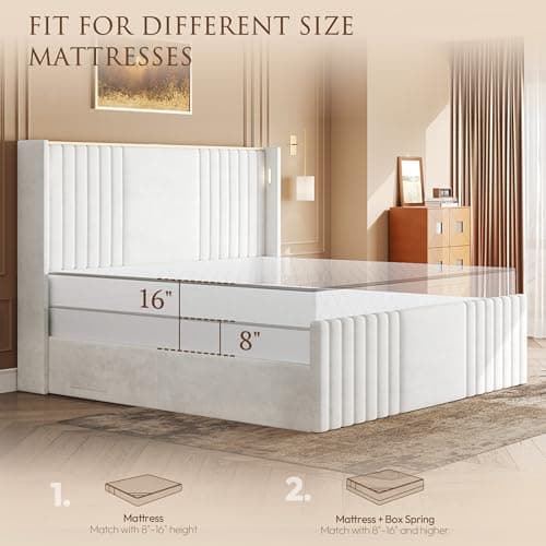 Uteeran King Size Bed Frame with 55.1" Tall Headboard, Velvet Upholstered Platform Bed with Channel Tufted Wingback, 2 Reading Lights/Storage Shelf/Charging Station/Easy Assembly/Noise-Free, Cream - Thumbnail 5