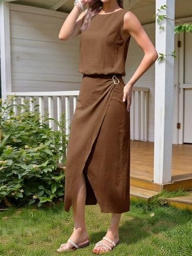 Wenrine Womens 2 Piece Skirt Sets Summer Crop Tank Tops Split Maxi Skirts Casual Beach Vacation Outfits Matching Set - Thumbnail 3