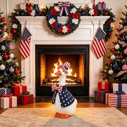 RAISLY 7 Inch Desk Goose with Patriotic Outfits，4th of July Decoration Ceramic Mini Porch Goose with Top Hat & Stars Outfit, Ideal for Tabletop Home Office Indoor Outdoor Decor - Thumbnail 4