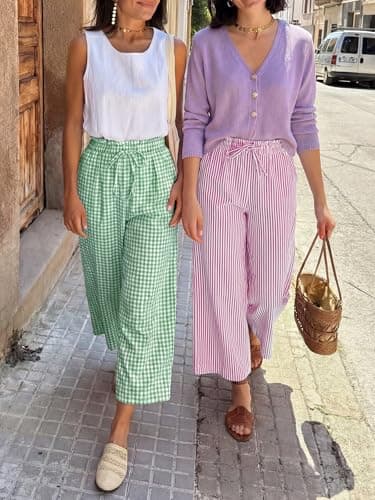 ANRABESS Womens Striped Gingham Palazzo Capri Pants Pajama Wide Leg Lounge Trousers Plaid Cute Crop PJ Bottoms with Pockets Green White Plaid Small - Thumbnail 6