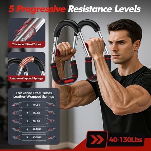 RENRUI Twister Arm Trainer, Chest Workout Equipment for Men & Women, Adjustable 5 Resistance Levels (40-130 lbs) Ergonomic Home Gym Strength Trainer with Anti-Slip Handles & Carry Bag (Red&Sliver) - Thumbnail 3