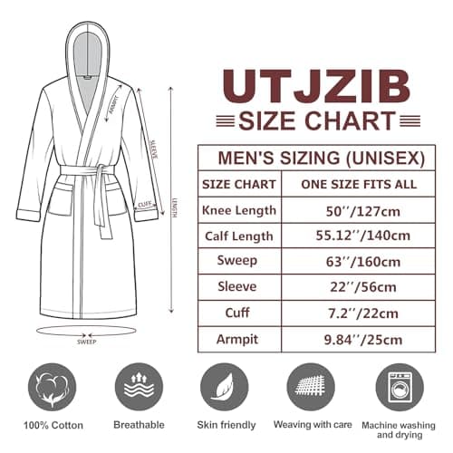 UTJZIB Mens Robe with Hood-Classic Terry Cloth Bathrobe for Men,Soft Knee Length Bathrobes for Spa - Thumbnail 3