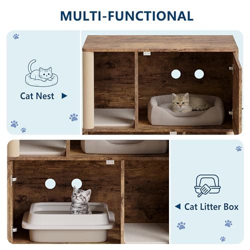 Garvee Double Layer Cat Litter Box Furniture, 2 in 1 Hidden Litter Box Furniture with Scratching Post and Litter Mats, Wooden Corner Cabinet Cat Washroom Bed - Thumbnail 5