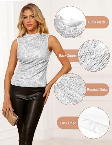 Shimmer Glitter Party Top for Women Sparkly Sequin Tank Tops Sleeveless Cami Crop Vest Club Shirts Silver White XX-Large - Thumbnail 4