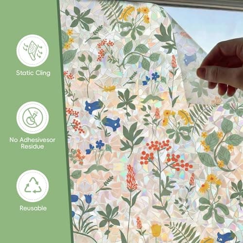 Tymina Window Privacy Film, Stained Glass Window Film Decorative Window Clings, Sun Blocking Stickers UV Heat Blocking Rainbow Window Film for Glass Doors, Bedroom Windows (Apricot&Blue, 17.7"×78.7") - Thumbnail 2