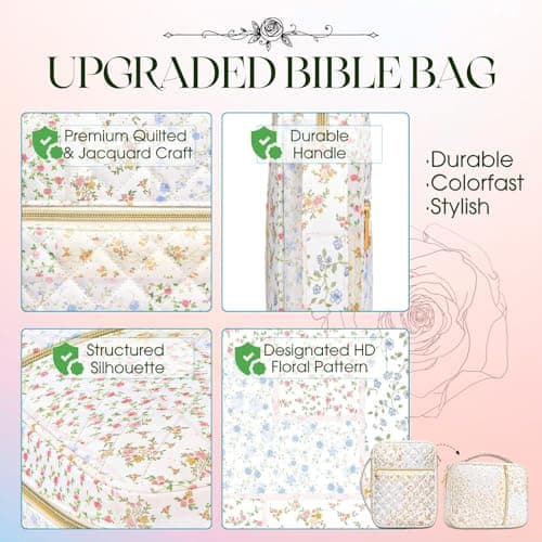 Large Quilted Bible Cover Case: Christian Birthday Gifts for Women Girls Mom Her Wife Floral Bible Bag with Multi Pockets 26Pcs Study Supplies Journaling Kit, Durable Book Carrying Cases Summer Gift - Thumbnail 4