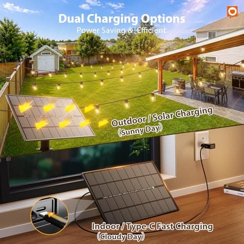 addlon 198FT(192+6) Solar String Lights Outdoor Waterproof, 60+4 LED Shatterproof Bulbs with Remote, 3 Light Modes Dimmable Timable, Extra Long Patio Lights for Large Backyard, Garden, Wedding, Party - Thumbnail 5