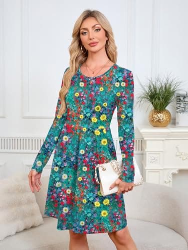 KORSIS Womens Dress Casual Swing T Shift Autumn Winter Long Sleeve Round Neck Tunic Loose Fashion High Waist Floral Dresses with Legging Large - Thumbnail 2
