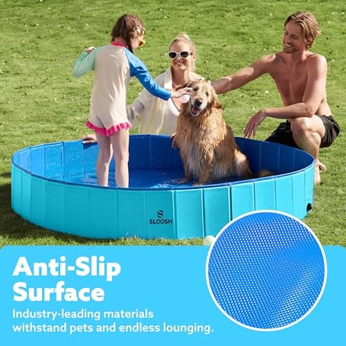 SLOOSH Foldable Dog Kiddie Pool - Portable Hard Plastic Doggie Swimming Pool, Anti-Slip Collapsible Pets Bath Tub Suitable for Kids Toddler Indoor Outdoor Backyard Use (Blue, 71" x 12") - Thumbnail 4