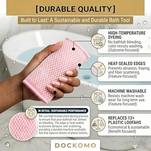 DOCKOMO African Net Sponge - 40-Inch Long Exfoliating Body Scrubber for Shower - Fast-Drying Nylon Mesh Wash Net & Sapo Sponge for Back Scrubbing & Smoother Skin (Pink Stripe) - Thumbnail 6