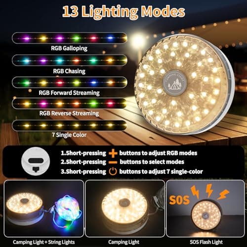 KOBAIBAN Camping String Lights Rechargeable 4000mAh, 3 in 1 Upgraded Outdoor String Lights with 13 Lighting Modes, 32.8FT LED Hanging Lights, Waterproof Camping Lights for Awning Party Festival Decor - Thumbnail 3