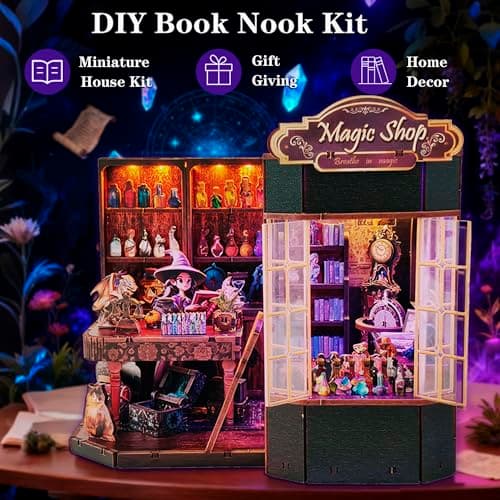 Joibabe Magic Shop Book Nook Kit - DIY Miniature House Dollhouse Kit for Adult and Teens, Tiny House Bookshelf Decor 3D Wooden Puzzle with LED Lighting, Gifts for Family, Friends (Magic Shop) - Thumbnail 4