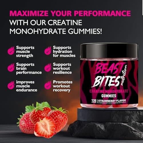 BEAST BITES Nutrition Creatine Monohydrate Gummies for Men & Women - 5g of Creatine Monohydrate per Serving - Sugar Free,Vegan, Strawberry Flavor, 135 Count (45 Servings). - Thumbnail 2