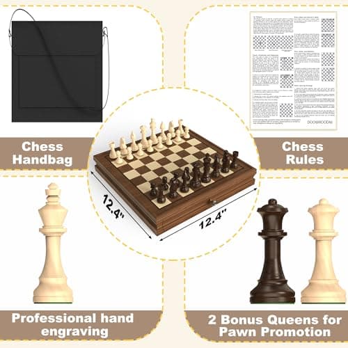 Premium Natural Walnut 13" x 13" Magnetic Wooden Chess Set with 1 Built-in Storage Drawers - 2 Bonus Extra Queens - 24 Checkers Pieces - Staunton Chess Pieces, Board Games Chess Sets - Thumbnail 3