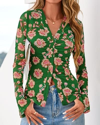 BTFBM Button Down Shirts for Women 2026 Spring Boho Tops V Neck Long Sleeve Blouses Ruched Mesh Fitted Fashion Clothing(Green, Large) - Thumbnail 2