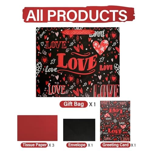Love Black Gift Bag Card - 10"H x 12"L Love-Themed Gift Bag with Ribbon Handle 3 Red Tissue Papers Folding Card Black Envelope Romantic Gift Wrapping for Anniversary Date Night Wedding for Wife Best Friends Family Mother Birthday - Thumbnail 4