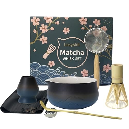 7 Pcs Matcha Whisk Set - Complete Matcha Kit Set Includes Matcha Bowl with Spout, Bamboo Whisk with Holder, Scoop, Sifter, Scoop Holder, Tea Towel - Ideal Gift for Matcha Lovers (Blue)