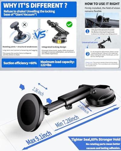 RayLink for Military-Grade Magnetic Car Mount【122+lbs Suction & 25lbs Magnet】 for MagSafe Phone Holder【3-in-1 Windshield+Vent+Dash】 Universal Cell Phone Holder for Car Truck SUV - Thumbnail 5