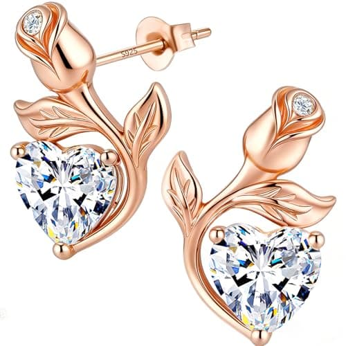 JACUPO 0.8CT Rose Heart Earrings Option of Sapphire Moissanite Stud Earrings Lab-Grown Earrings Birthstone Earrings for Women S925 Sterling Silver Post D Color VVS1 Clarity Ideal Gift for Wife Mother for Birthday Anniversary Valentine's Day Conveying I Love You Message (Apr Moissanite Rose Gold) - Image 1