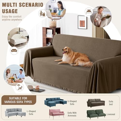 TAOCOCO Couch Covers for Pets Heavy Duty Couch Cover for 2 Cushion Couch Sectional Sofa Covers Durable Throw Couch Cover for Dogs, Kids, Washable Sofa Slipcovers with Tassels (71''x102'' Brown) - Thumbnail 5