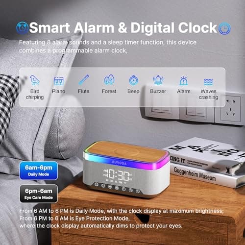 AUVODA S300 16W Stereo Bluetooth Speaker with 15W Fast Wireless Charging, 13-Color Night Light, Alarm, White Noise, FM Radio, Portable, TWS, BT5.3, for PC, Smartphone, Home, Office & Bedroom (Wood) - Thumbnail 6
