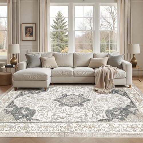 cotiled 8x10 Area Rug Machine Washable Vintage Carpet for Living Room Bedroom Soft Non-Slip Backing Floor Mat Kid & Pet Friendly Stain Resistant Light Brown - Image 1