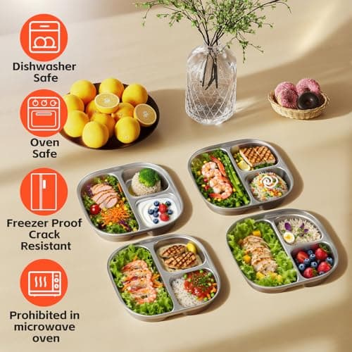 ENCYS Set of 4 Snack Containers,Stainless Steel Kids Plates,Stainless Steel Toddler Plate with Silicone Lids- Reusable Meal Prep Lunch Containers for Kids Non Toxic & 100% BPA Free - Thumbnail 4