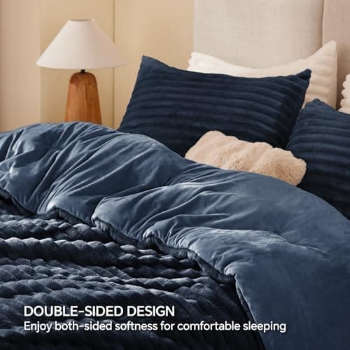 BEDELITE Fleece Queen Comforter Set -Super Soft & Warm Fluffy Navy Blue Bedding, Luxury Fuzzy Heavy Bed Set for Winter with 2 Pillow Cases - Thumbnail 5
