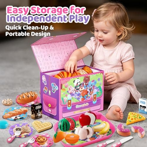 Drefirsa Girl Play Food-Tea Party Set, Plastic Play Kitchen Toy Accessories with Pink Picnic Case, Cutting Fruit, Bread, Pot, Cup, Toddler Girl Toy for 2 3 4 5 6 Year Birthday Gift - Thumbnail 6