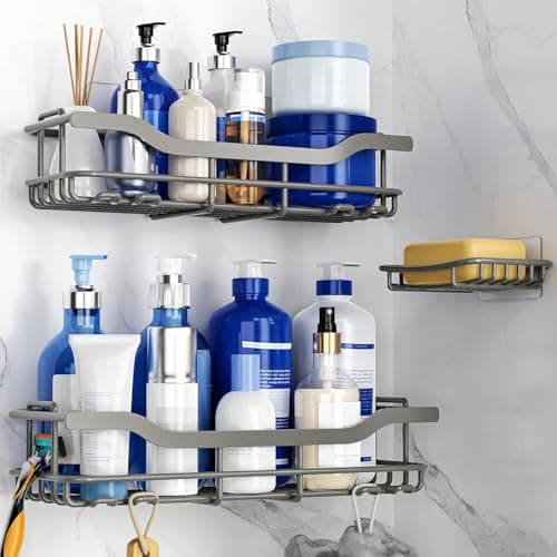 OMAIRA 3-Pack Shower Caddy with Soap Holder, Adhesive Rustproof No-drill Strudy Loading Inside Shower Organizer Shelves Rack Storage Bathroom Organization for Smooth Wall Glass Tile, Grey (X-Large) - Thumbnail 2
