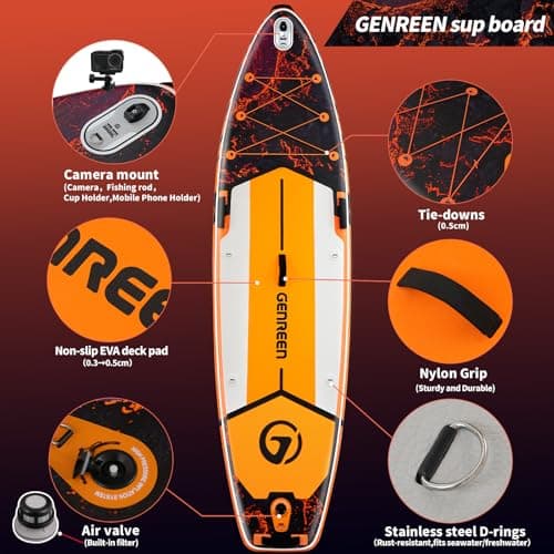 Genreen Paddle Board Stand up Paddle Board Inflatable SUP 11'*34'' EVA 0.5cm Thickened PVC Double Layer 450LBS 5 Grips Family Pet Friendly Lava Orange Black - Thumbnail 4