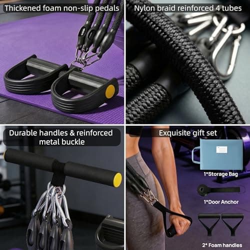 Buyborgood Upgrade Pedal Resistance Band, Multifunction Home Gym Workout Equipment with 4x25lbs Tubes for Sit Up & Arm Exercise, Black - Thumbnail 3