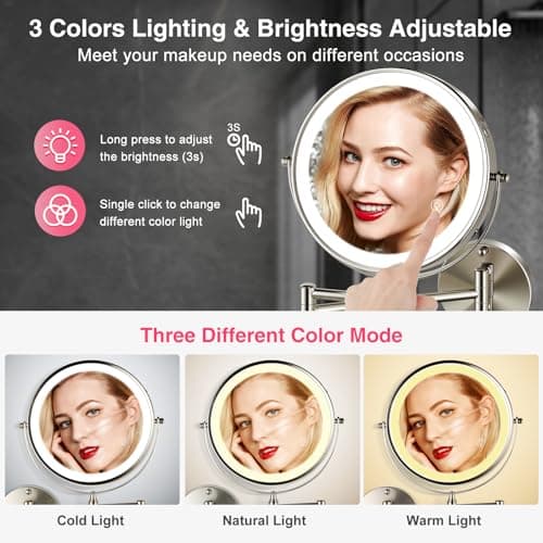 GREENFROM 8.5 Inch Magnifying Mirror with Lights, Wall Mounted Makeup Mirror, Dual-Sided 1X/20X, Bright LED Lighting, Space-Saving Design for Bathroom & Vanity, Brushed Nickel - Thumbnail 4