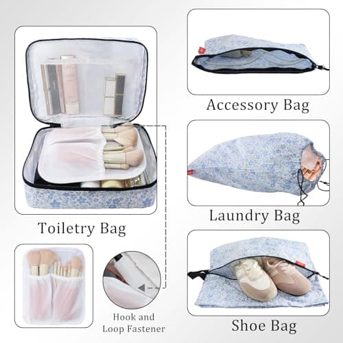 U+U 10 Set Compression Packing Cubes - Ultralight Travel Organizers with Laundry Bag and Cosmetic Bag, Space-Saving Suitcase Organizer for Travel, Business Trip and Family Vacation (Blue Flower) - Thumbnail 4