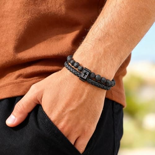 FLHEART Men's Christian Cross Black Leather Bracelet Gifts for Men, Double-Row Braided Leather Cross Bracelet Bible Verse Agate Onyx Beaded Bangle Gifts for Son Grandson Husband Boyfriend Brother - Thumbnail 2