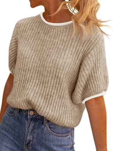 Saodimallsu Womens Puff Short Sleeve Sweater Tops Spring Summer Color Block Ribbed Knit Crew Neck Going Out Shirts Light Khaki - Image 1