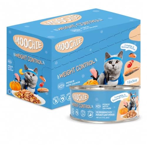 MOOCHIE Weight Control Grain Free Wet Cat Food — Salmon, Chicken, Lamb & Beef Liver - No Artificial Flavors or Preservatives - 12 × 3 oz cans - Image 1